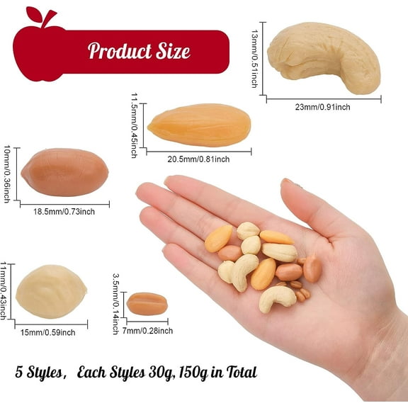 1box 150G 5 style Opaque Resin Imitation Nuts Ornaments Simulation for Home Decor Almond/Wheat/Peanut/Hazelnuts/Cashew Mixed color 7~23x3.5~13x3~11.5mm 30g/style