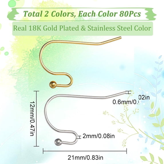 1box 160pcs 2 style 316 Surgical Stainless Steel Earring Hooks Shepherd's Hook Ear Wires Golden & Stainless Steel color 21x12mm Pin: 0.6mm 80pcs/style