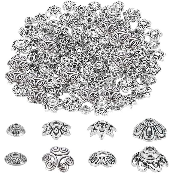 1box 160pcs 8 styles Flower Bead Caps Flower End Cap Alloy Multi-Petal Bead Cap Bails End Charm Caps Filigree Cup Spacer Beads for Earrings Bracelets Necklaces Jewelry Craft Antique Silver