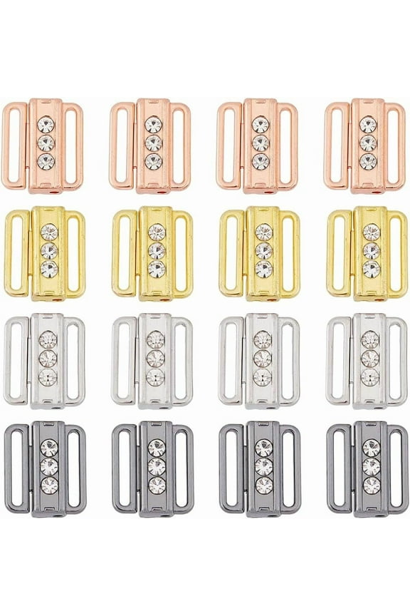 1box 16pcs 4 colors Bra Clasp Replacement Part Alloy Rhinestone Bikini Clips Bra Buckle Closing Hook Closure Mixed color Bra Safe Lock Front Closing for Bra Making Lingerie Sewing