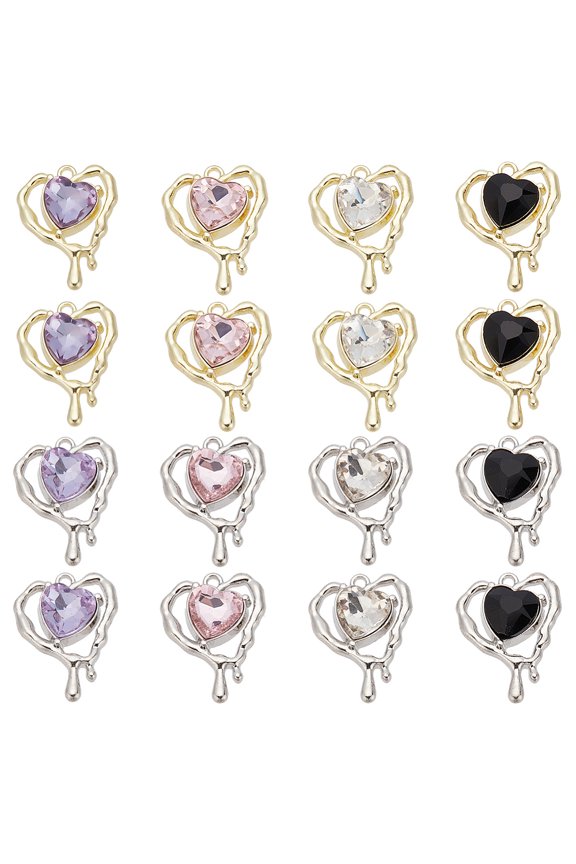 1box 16pcs 8 colors Glass Melting Heart Pendant with Alloy Findings Lead Free & Cadmium Free Mixed color 20x15.5x5.5mm Hole: 1.4mm 2pcs/color
