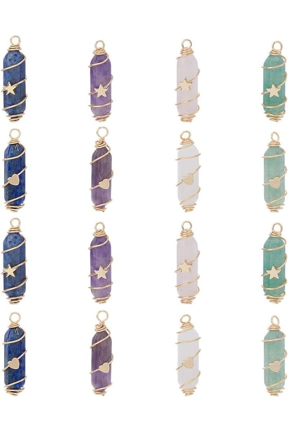 1box 16pcs 8 styles Natural Mixed Gemstone Copper Wire Wrapped Pointed Pendants Faceted Bullet Charms with Golden Tone Brass Star/Heart Beads 34.5~37x10.5x12mm Hole: 2.7mm 2pcs/style