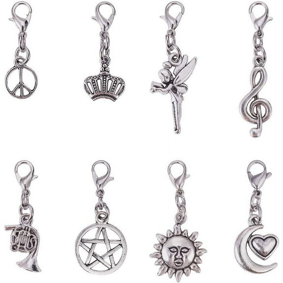 1box 16pcs Alloy Pendants with Lobster Claw Clasps Mixed Shapes Antique Silvery 12.5x8.5x1.8cm