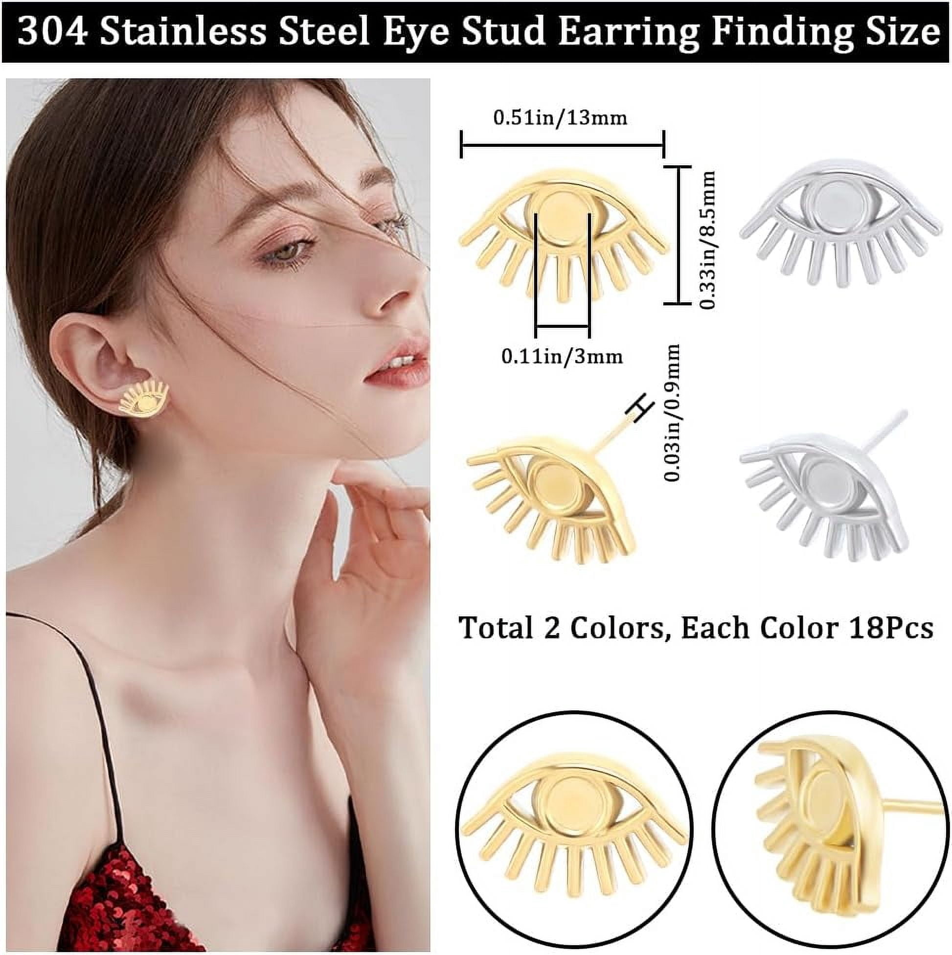 1box 18 Pairs 2 colors 304 Stainless Steel Eye Stud Earring Finding Earring Settings with Round Tray Golden & Stainless Steel color 8.5x13mm Pin: 0.9mm Tray: 3mm 9 Pairs/color