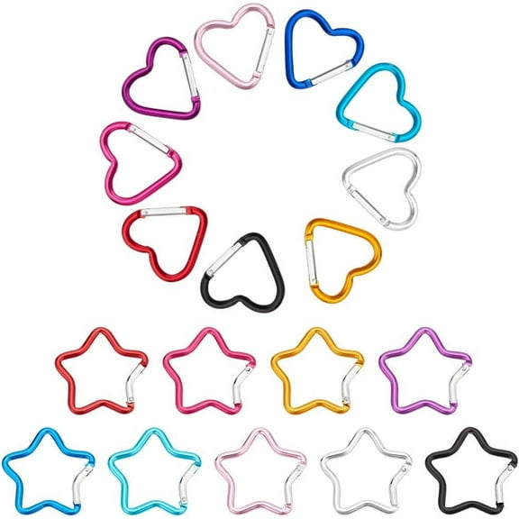 1box 18pcs 18 styles Aluminum Alloy Rock Climbing Carabiners Key Clasps Star & Heart Mixed color 42~48x44~48x4~4.5mm 1pc/style