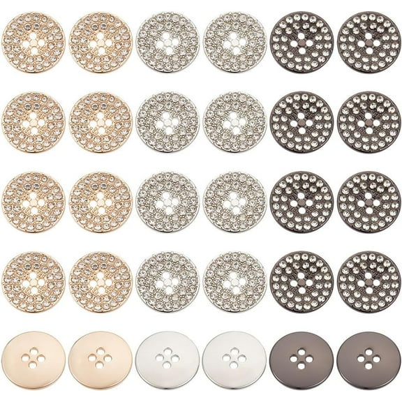 1box 18pcs 3 colors Alloy Rhinestone Buttons 4-Hole Flat Round Mixed color 18x3mm Hole: 2mm 6pcs/color