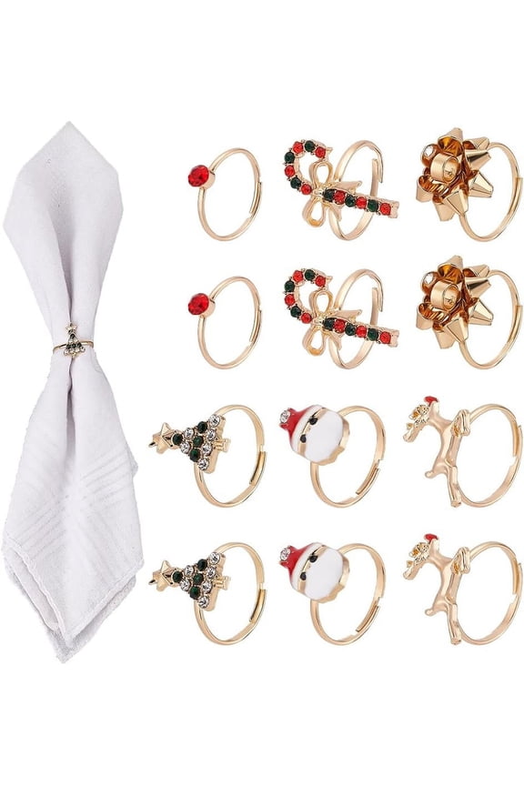 1box 18pcs 6 6 style Santa Claus & Christmas Tree & Flower & Deer & Cane Enamel Adjustable Rings set Christmas Theme Alloy Jewelry for Women Golden Inner Diameter: 16.5~17.4mm 3pcs/style