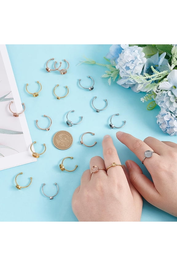 1box 18pcs 9 styles 304 Stainless Steel Cuff Ring Components Flat Round Settings Mixed color US Size 7 1/4~8 1/4(17.5~18.3mm) Tray: 4~8mm 2pcs/style