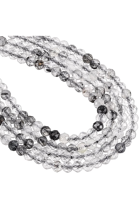 2 Strands About 316 Pcs Faceted Natural Stone Beads 2mm Black Rutilated Quartz Beads Round Gemstone Loose Beads Spacer Beads for DIY Crafts Necklace Bracelet Jewelry Making