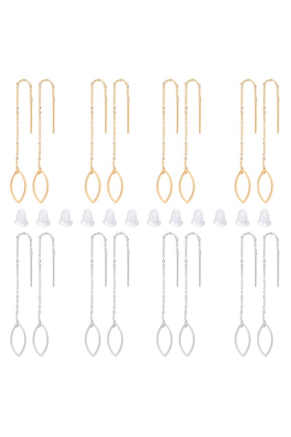 1box 2 colors 8 Pairs Leaf Ear Thread 93.5mm Stainless Steel Hypoallergenic Ear Thread with Ear Nut Hollow Leaf Frame Ear Wire set Golden Stainless Steel color Pin: 0.8mm 304 Stainless Steel