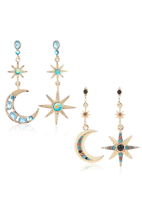 1box 2 sets 2 styles Colorful Rhinestone Moon & Star Asymmetrical Earrings Zinc Alloy Dangle Stud Earrings for Women Light golden 57~63mm Pin: 0.8mm 1 set/style