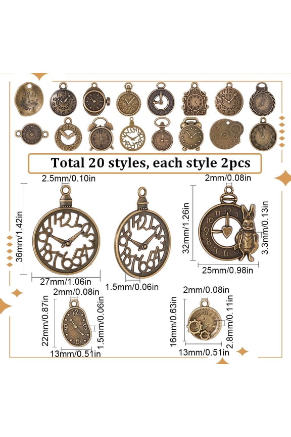 1box 2 sets style Alloy Pendants Clock Charm Antique Bronze 16~36x12.5~27x1~3.5mm Hole: 1.5~9mm 20pcs/set