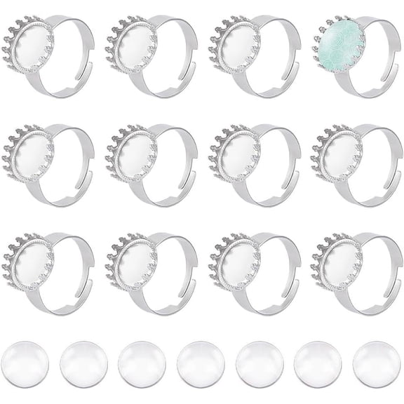 1box 20 Sets 19mm Blank Rings Base Round Blanks Cabochon Finger Rings Adjustable 304 Stainless Steel Pad Ring Flat Round Blank Ring Cabochon Ring Bezel Tray for