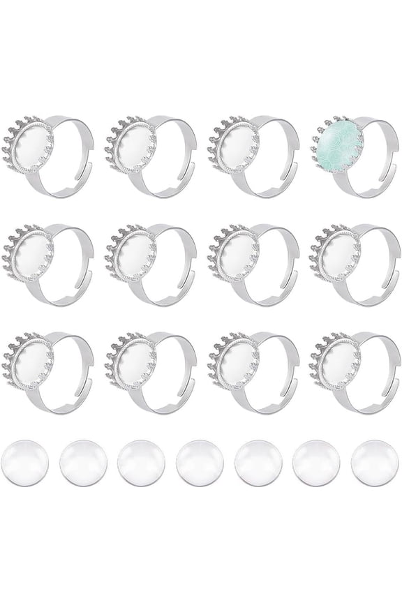 1box 20 Sets 19mm Blank Rings Base Round Blanks Cabochon Finger Rings Adjustable 304 Stainless Steel Pad Ring Flat Round Blank Ring Cabochon Ring Bezel Tray for