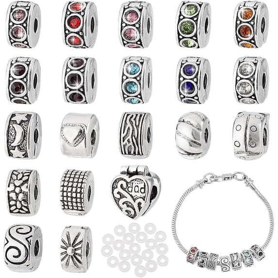 1box 20 pcs Clip Lock Bead Charms with 20 pcs Silicon Rubber Stopper O-rings Fit European style Bracelet for Jewelry Making Mixed color