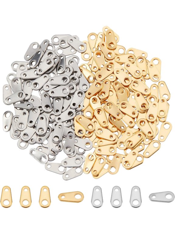 1box 200pcs 2 colors 304 Stainless Steel Chain Tabs Chain Extender Connectors Teardrop Golden & Stainless Steel color 8x4x0.7mm Hole: 1 and 2mm 100pcs/color