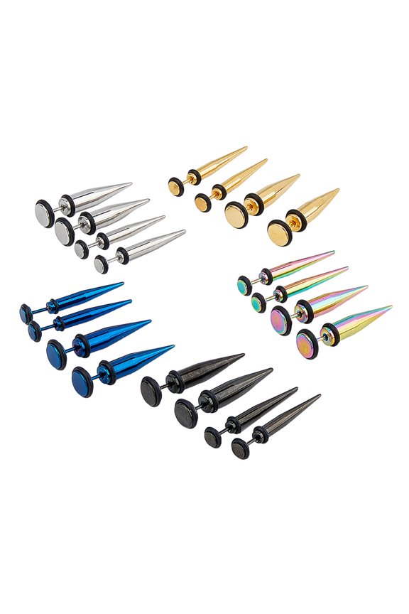 1box 20pcs 10 colors Stainless Steel Ear Taper Stretcher Cone Gauge Earrings for Woman Men Mixed color 36.5x7~9.5mm 2pcs/style