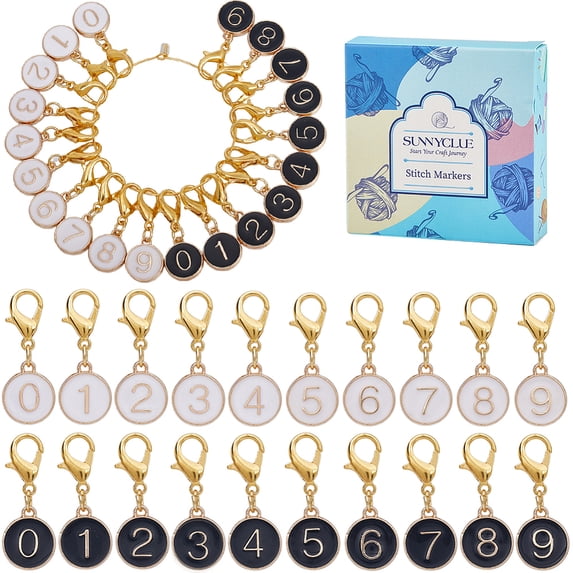 1box 20pcs 2 colors Flat Round with Number Alloy Enamel Locking Pendant Stitch Markers Brass Crochet Lobster Clasp Charm Mixed color 29mm 10pcs/color