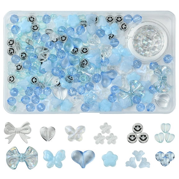 1box 219pcs 12 styles Acrylic Beads with 1 Roll Strong Stretchy Beading Elastic Thread Light Sky Blue 7.5~23x5~31mm Hole: 1~2.5mm