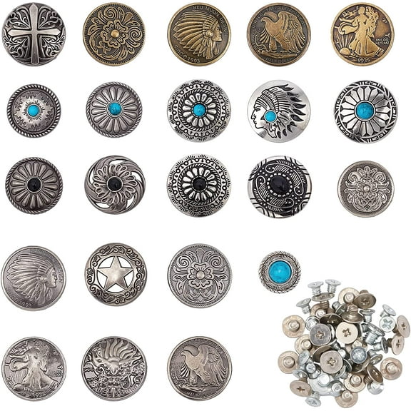 1box 22Pcs 22Styles Turquoise Screw Back Button Vintage Round Arabesque Button Decorative Indian Dragon Pentagram Replacement Buckle for DIY Leather Wallet Crafts Silver