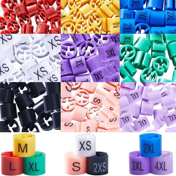 1box 234pcs 9 colors 2XS~4XL Plastic Clothing Trouser Size Markers Column Mixed color 12x10mm Slot: 1.5mm 26pcs/color