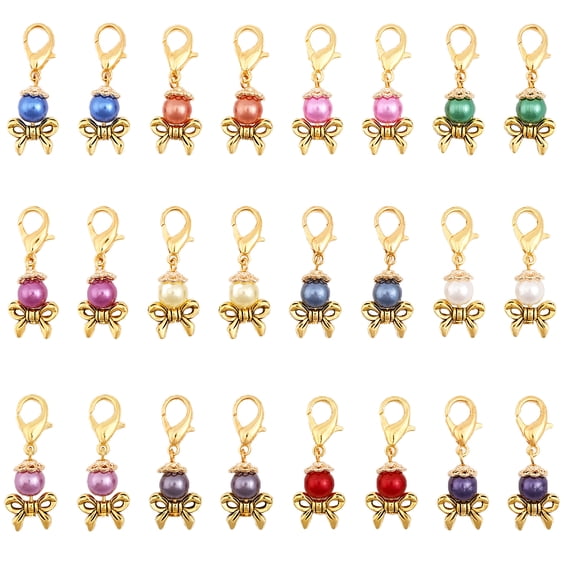 1box 24pcs 12 colors Acrylic Imitation Pearl Pendant Decorations Bowknot Lobster Clasp Charms Clip-on Charms for Keychain Purse Backpack Ornament Stitch Marker Mixed color 35.5~36mm 2pcs/color
