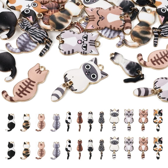 1box 24pcs 12 styles Rack Plating Alloy Enamel Pendants Cat Charm Mixed color 30~38x10~15.7x2~3mm Hole: 1.5~2mm 2pcs/style