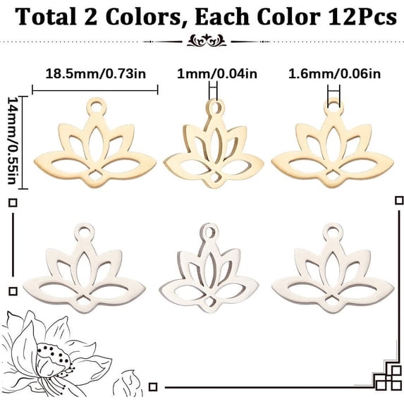 1box 24pcs 2 colors 201 Stainless Steel Pendants Laser Cut Hollow Lotus Golden & Stainless Steel color 14x18.5x1mm Hole: 1.6mm 12pcs/color