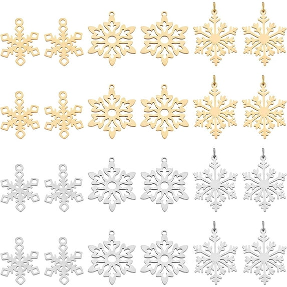 1box 24pcs 3 Styles Golden and Stainless Steel Color Christmas Snowflake Charms Winter Snow Charms Xmas Holiday Pendants for Bracelet Necklace Jewelry Making Hole:1.4-3mm