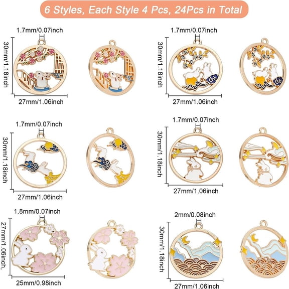 1box 24pcs 6 style Easter Alloy Enamel Pendants Flat Round & Flower with Rabbit Mixed color 27~30x25~27x1~1.5mm Hole: 1.6~2mm 4pcs/style