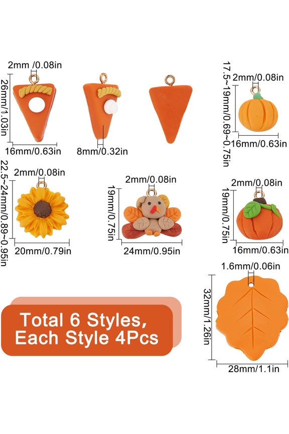 1box 24pcs 6 styles Thanksgiving Day Handmade Polymer Clay Pendants with Light golden Iron Loop Bird & Pumpkin & Leaf & Sunflower & Chocolate Mixed color 17.5~32x16~29x3~9mm Hole: 1.6~2mm 4pcs/style