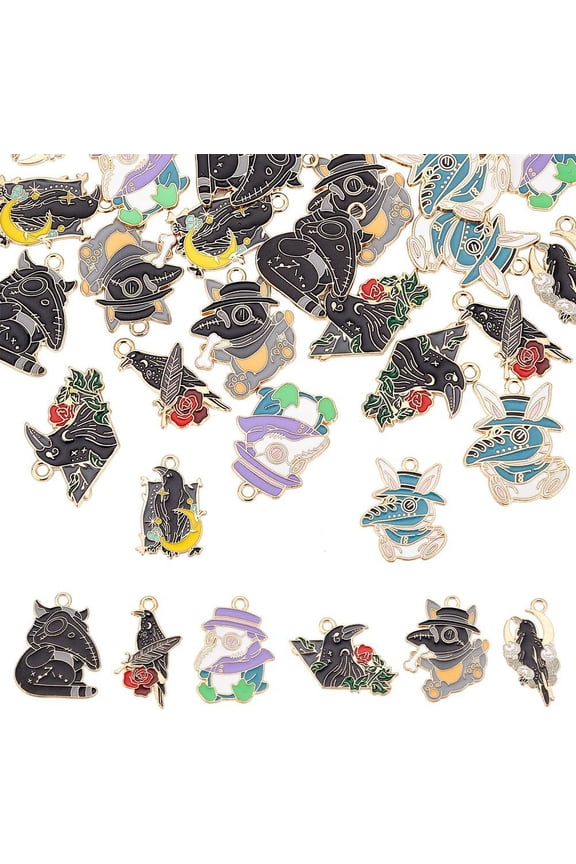 1box 24pcs 8 style Gothic Theme Zine Alloy Enamel Pendants Light golden Rabbit & Dog & Cat Mixed color 21~28x14~28.5x1.2~1.3mm Hole: 2mm 3pcs/style