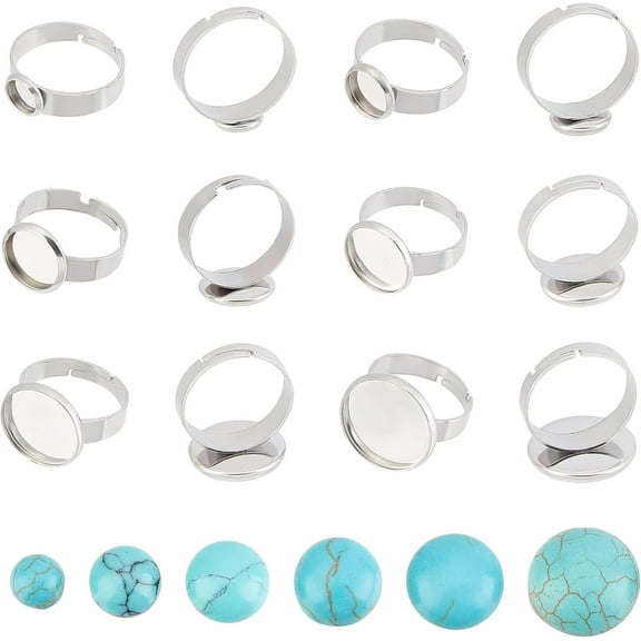 24pcs Adjustable Ring Making Kit Finger Ring Blank Bezel Cabochon Settings with Turquoise Cabochons Stainless Steel Pad Ring Setting 6/8/10/12/14/16 Inner Dia