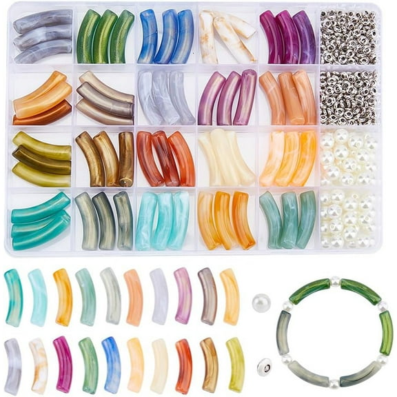1box 260Pcs Acrylic Tube Beads Bulk 20 Colors 60Pcs Curved Noodle Beads 50Pcs Imitation Pearl Beads 150Pcs Alloy Spacer Beads Bamboo Beads for Bangle Bracelet Making