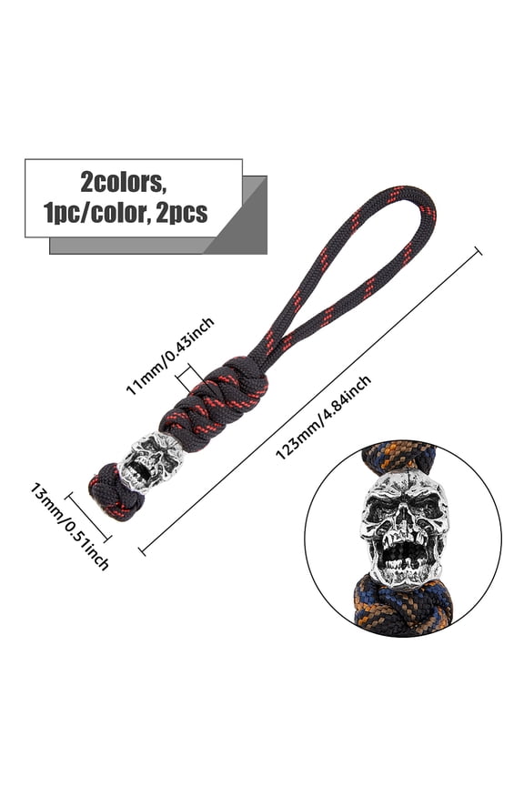 1box 2pcs 2 colors Polyester EDC Knife Parachute Lanyard Alloy Skull Bead Pendant Decoration for Men Mixed color 12.3cm 1pc/color
