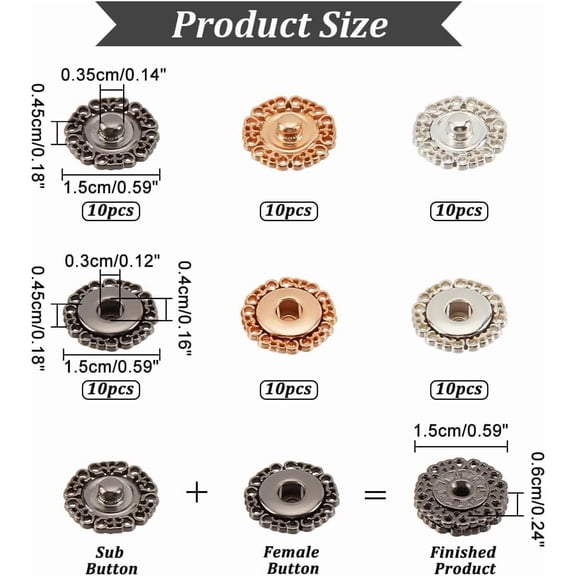 1box 30 sets Alloy Flower Snap Buttons 3 Assorted colors Vintage Metal Snap Closures Sew On Press Snap Button Fasteners for Jacket Jeans Leather Craft 15mm