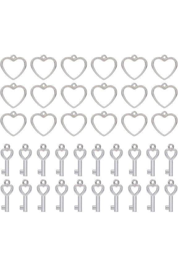 300Pcs 2 Style Hollow Heart Charm Vintage Keys Heart Charm Open Bezel Pendants Charm Platinum Heart Frame Connector Plastic Dangle Pendant for Jewelry Making Gifts Valentine's Day
