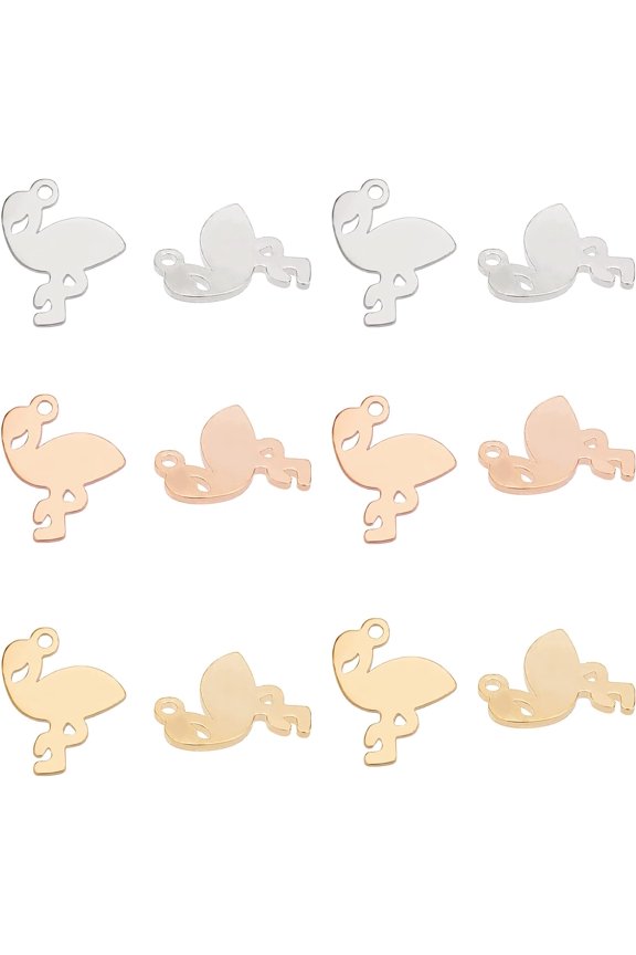 12pcs 3 Colors Stainless Steel Hypoallergenic Charm Flamingo Metal Pendants with 1mm Hole Manual Polishing Pendants for DIY Jewelry Making