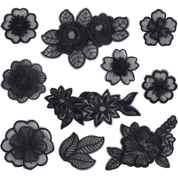 1box 30Pcs 10 Styles Flower Sew on Applique Organza Embroidery Leaves Floral Patches Lace Fabric for Wedding Bridal Dress Sewing Craft DIY Clothes Decor Hair Ornaments Black Colorful