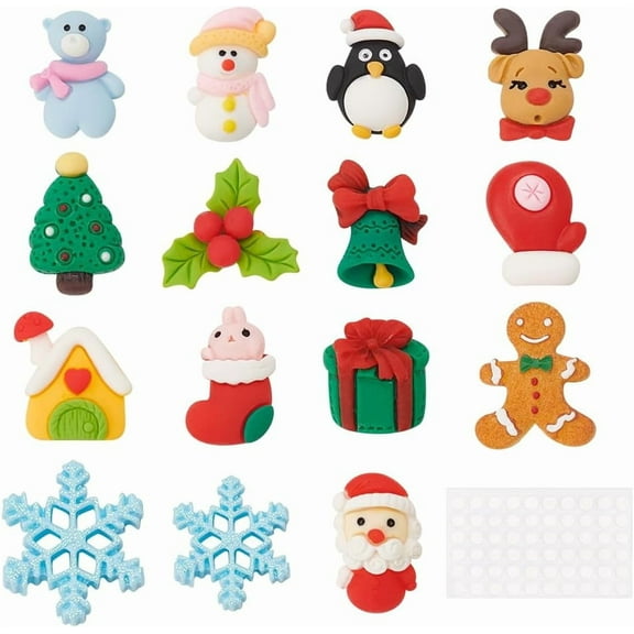 1box 30pcs 15 styles Christmas Theme Resin Flatback Assorted Button Santa Tree Snowman Bell Cartoon with 60pcs Acrylic Double-Sided Glue Point Dots for Crafts Making