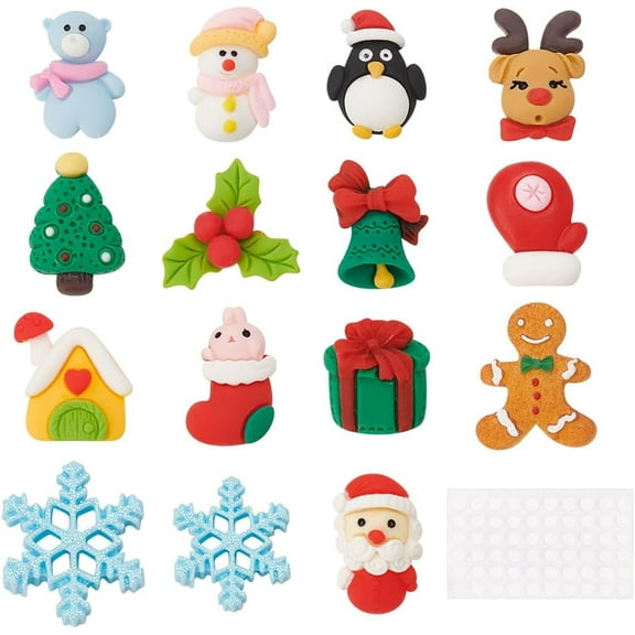1box 30pcs 15 styles Christmas Theme Resin Flatback Assorted Button Santa Tree Snowman Bell Cartoon with 60pcs Acrylic Double-Sided Glue Point Dots for Crafts Making