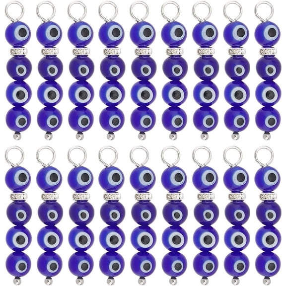 1box 30pcs Handmade Lampwork Pendants with Brass Rhinestone Spacer Beads Round Blue 31.5x6mm Hole: 3.5mm