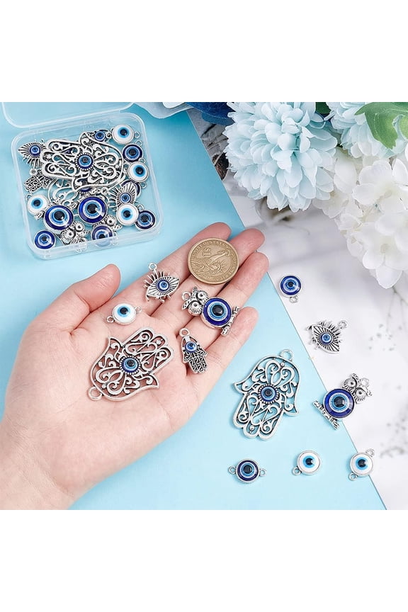 1box 32 pcs Evils Eye Charm Demon Eye Charm Blue Antique Silver Alloy Bead Costume Making Suitable for Necklace Bracelet Keychain Craft Decorations