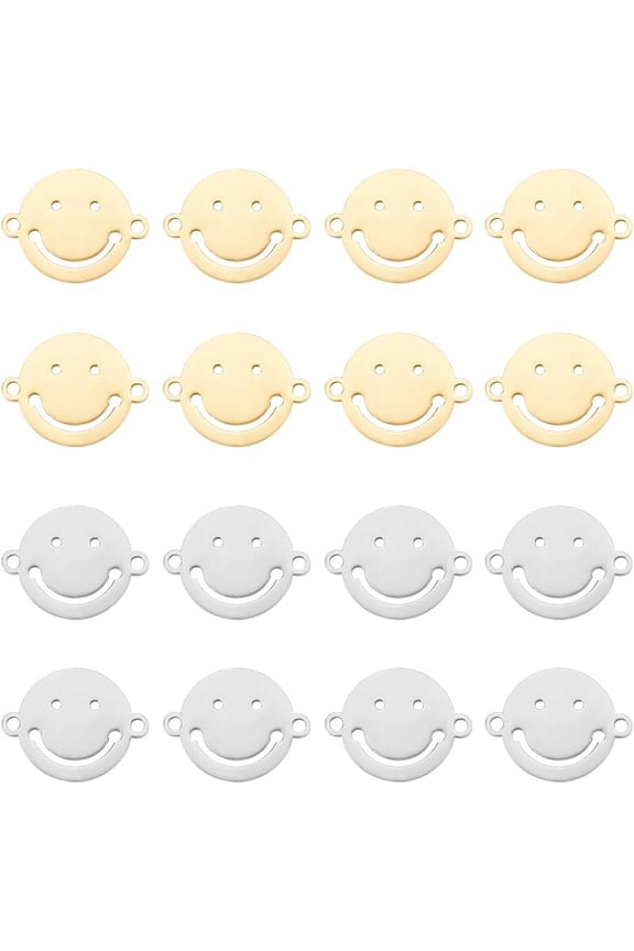 1box 32pcs 2 colors 201 Stainless Steel Connector Charms Flat Round with Smiling Face Link Connectors Metal Laser Cut Double Hole Drop Dangles Pendants for Jewelry Making