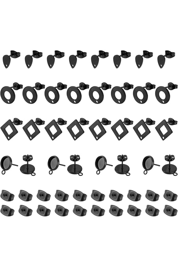 1box 32pcs 4 Styles Electrophoresis Black Stainless Steel Stud Earring Settings Blank Earring Post with Loop Stud Earring for Dangle Charms with Earring Backs for Jewelry Making 0.8~1.8mm Hole Black