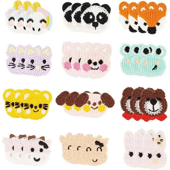 1box 36pcs Crochet Animal Head Applique Patches Knitted Mouse/Cow/Rabbit/Frog//Fox/Panda/Bear/Cow/Dog Sew on Appliques Cartoon Animal Badge Sign for Clothing Repair Decoration