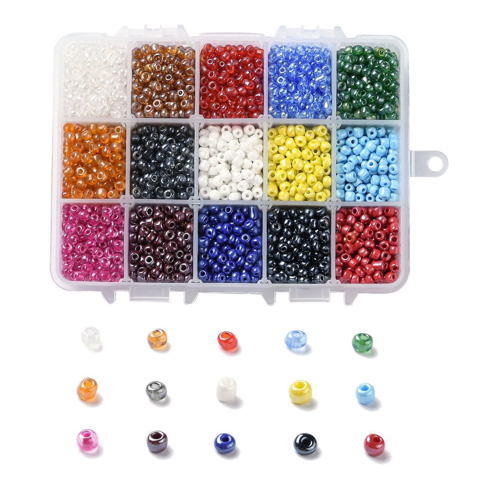 1box 375G 15 colors Glass Seed Beads Opaque colors Lustered Round Mixed color 6/0 4~5x2.5~4.5mm Hole: 1.2~1.5mm 25g/color