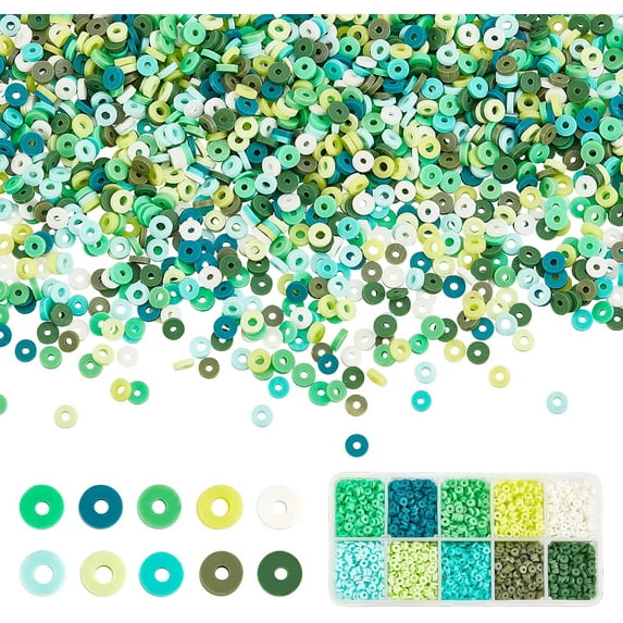 1box 3800pcs Vinyl Disc Beads 10 Green Colors Heishi Clay Beads 4mm Polymer Clay Beads Flat Disc Clay Beads for St. Patrick's Day Hawaiian Friendship Bracelet Earring Necklace Choker Making