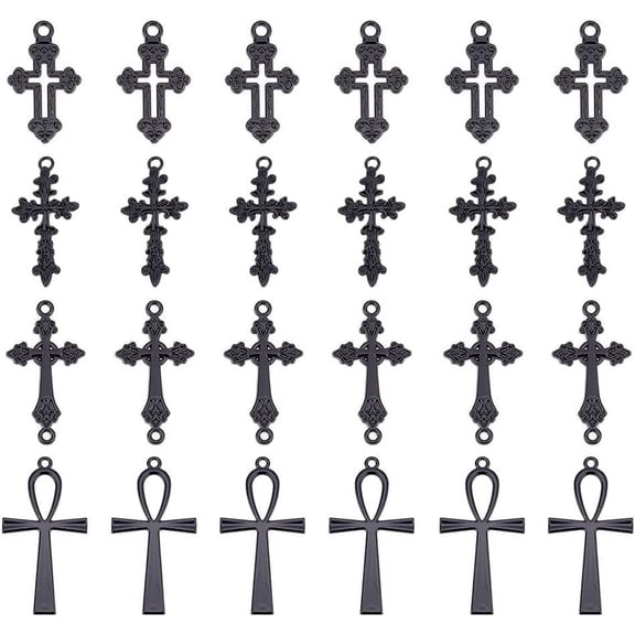 1box 4 Bags 4 style Zinc Alloy Pendants Cross Electrophoresis Black 25~54x15.5~28x1.6~2.7mm Hole: 1.6~2.5x1.6~3.2mm 1 bag/style
