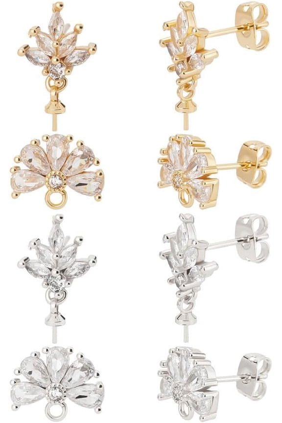 1box 4 Pairs 4 style Brass Cubic Zirconia Flower Stud Earring Findings with Cup Pearl Peg Bails & Horizontal Loops & 8pcs Ear Nuts & Golden 15mm Pin: 0.7mm 1 Pair/style